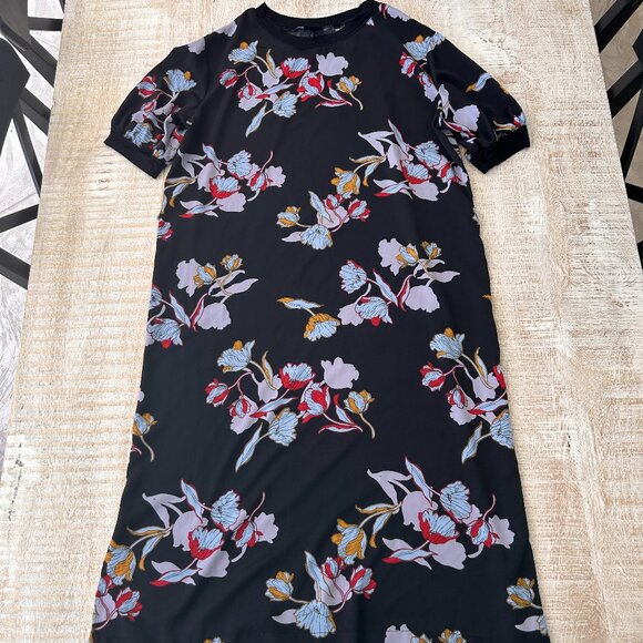 Who What Wear Black Long Floral Short Sleeve Round Collar Dress Size Large - Picture 1 of 7